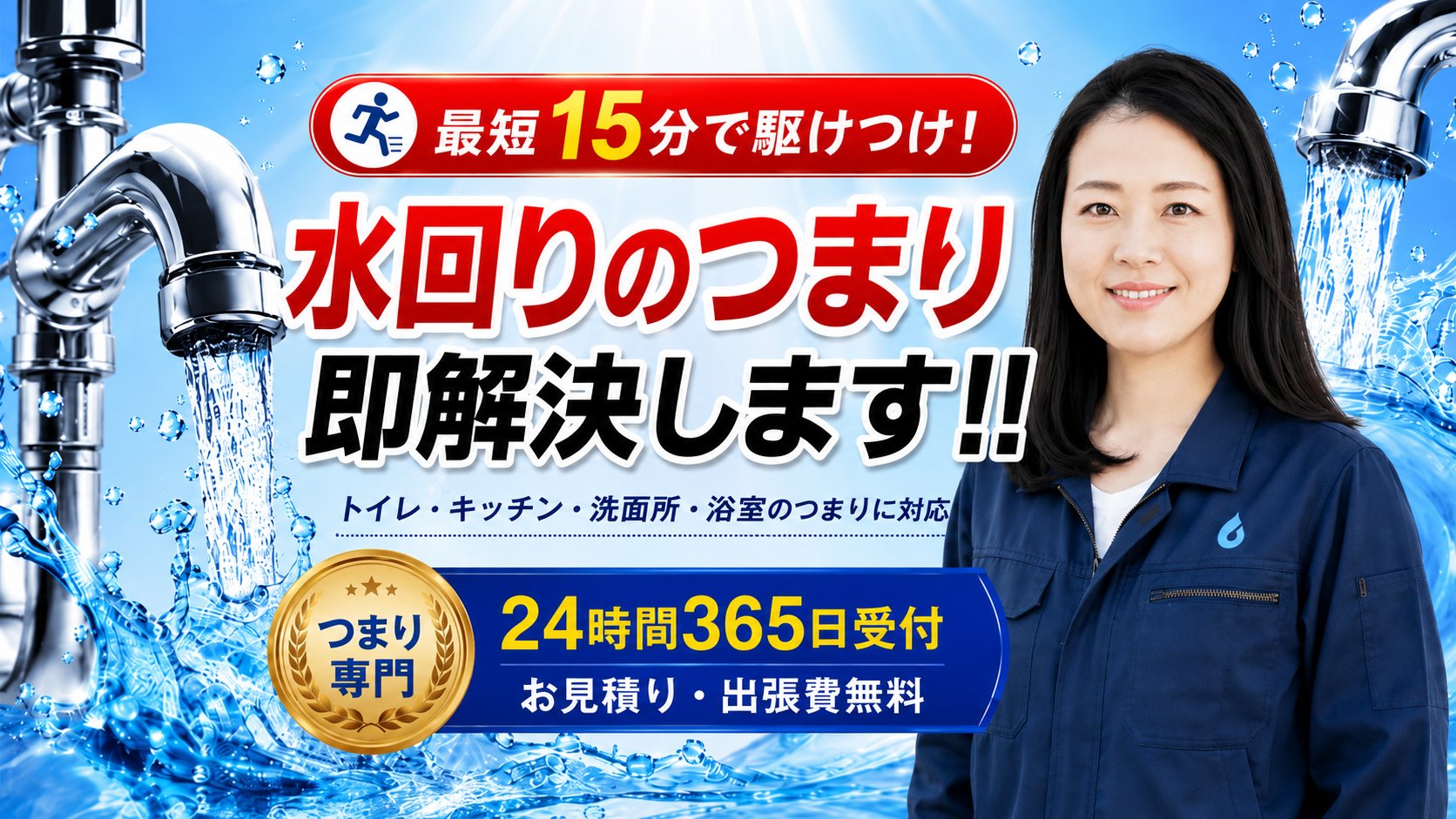 水道のつまり、即解決します！最短15分で駆けつけ。トイレ・キッチン・洗面所・浴室のつまりに対応。つまり専門・24時間365日受付・お見積り出張費無料